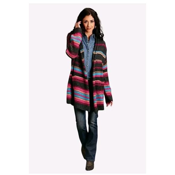 Stetson western Cardigan women's Sz XL Striped Oversized Knit Open-Front Sweater - Picture 1 of 9